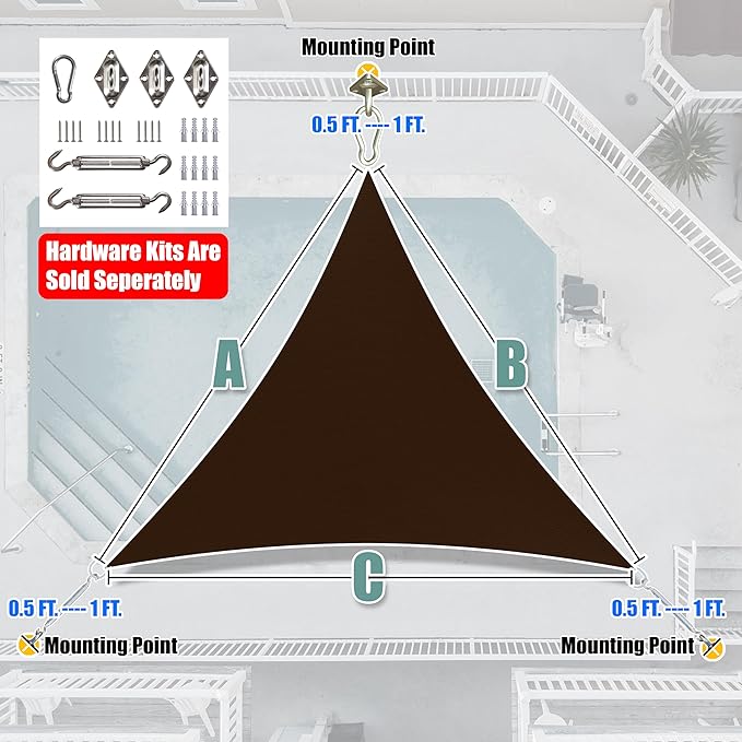 Amgo Custom Size 14' x 14' x 14' Brown Triangle Sun Shade Sail UPF50+ AGTAPRT12, Order to Make Canopy Awning, 95% UV Blockage, Water & Air Permeable, Commercial Standard (We Customize)