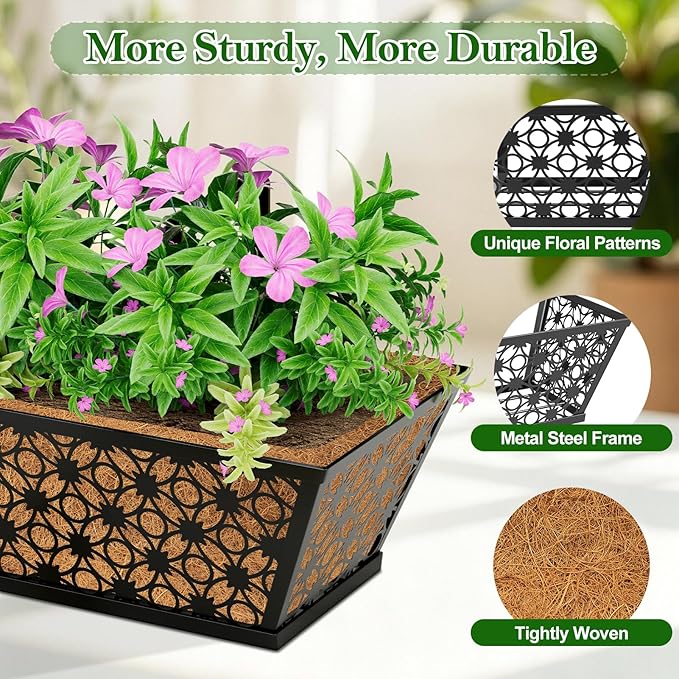 SPECILITE 30" Window Boxes Planters, Heavy Duty Metal Railing Planter Boxes, Adjustable Balcony Planters for Railing Hanging, with Coco Liner & Tool Set for Deck, Porch, and Patio Gardening (2 Pack)