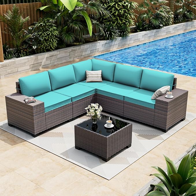 ALAULM 6 Pieces Patio Furniture Set, Oversized Seat/Armrest and High Back Wicker Sectional Furniture Set with Thick Cushion for Backyard, Garden, Red