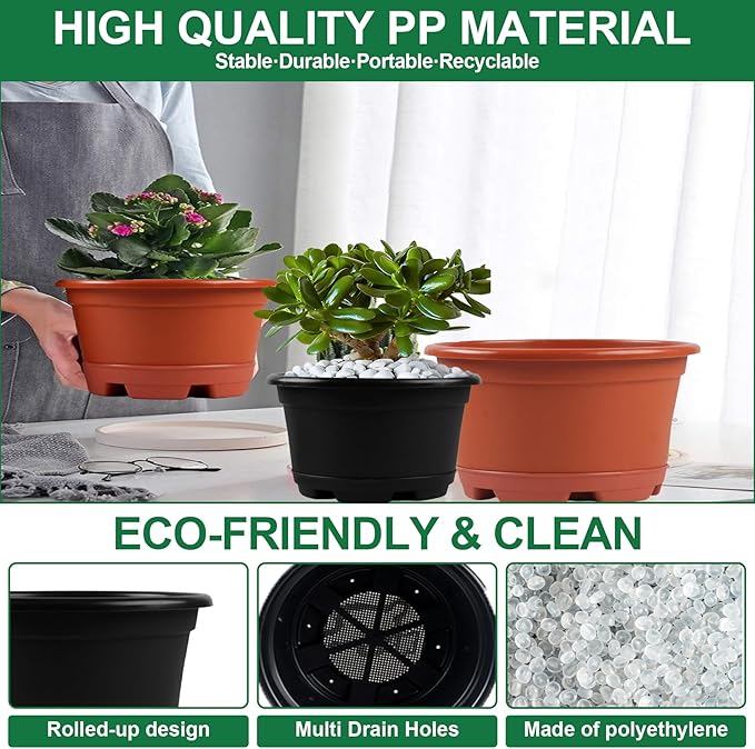 5 Pack 10.5 inch Plant Pots,Planter-Pots-for-Plants，Plastic Flower Pot for Indoor Outdoor Plants with Drainage Holes & Trays, Decorative Garden Containers Sets for Houseplants