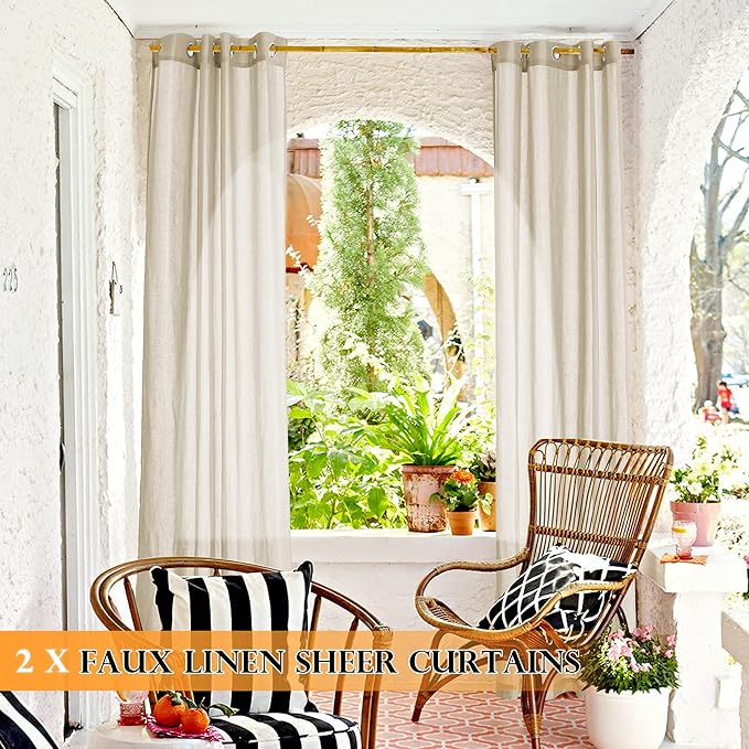 RYB HOME 2 Panels Outdoor Sheer Curtains for Patio Waterproof - Natural Linen Privacy Added Light Filtering Drapes with Tie Ropes for Gazabo Porch Pergoa Balcony, 52 X 84 Inches, Beige