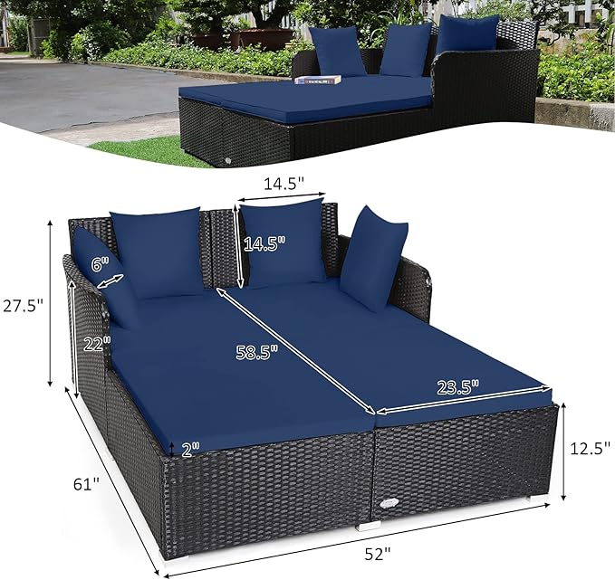 RELAX4LIFE Rattan Patio Outdoor Daybed, Wicker 2-Person Sunbed Loveseat with Soft Cushions, 4 Pillows, Curved Backrest & Armrest, Double Bed Lounger Sofa Set for Balcony Porch, Patio Bed (Navy)