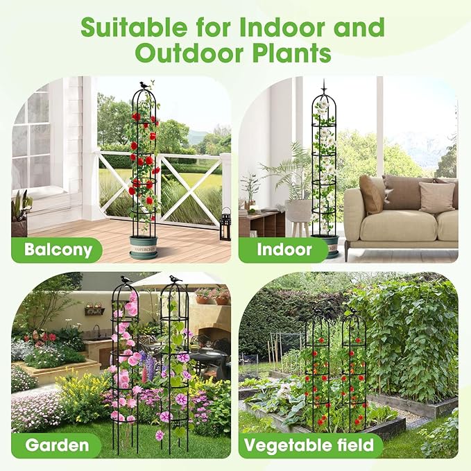 2026 Updated Garden Obelisk Trellis for Climbing Plants Outdoor, 6.3 FT Tomato Cage, Rose, Flowers, Grape, Pea, Cucumber Trellis, Rustproof Plastic Coated Metal Plant Support Trellis for Potted Plants