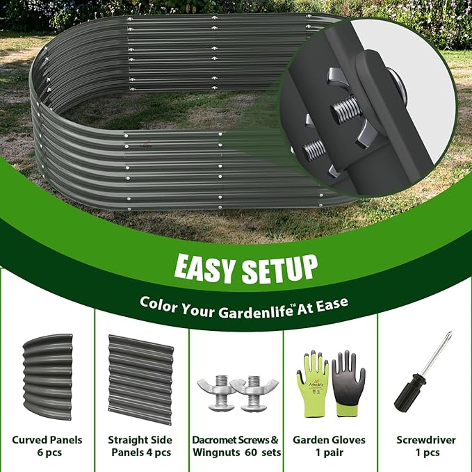 A ANLEOLIFE 2-Set 8X4X2 ft Galvanized Raised Garden Bed Kit, Oval Metal Deep Root Planters for Outdoor Plants, Quartz Grey