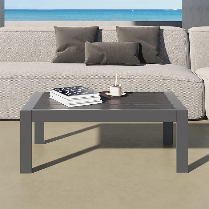 All-Weather Aluminum Outdoor Coffee Table, Modern Coffee Table for Outside, Rectangle Patio Coffee Table for Balcony Garden, Deep Grey