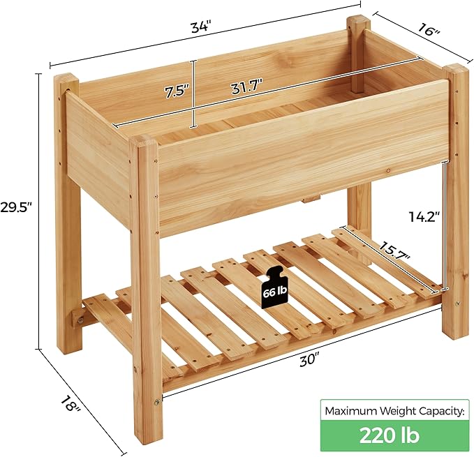 Yaheetech 34x18x30in Horticulture Raised Garden Bed 2pcs Planter Box with Legs & Storage Shelf Wooden Elevated Vegetable Growing Bed for Flowers, Backyard, Patio, Balcony, Light Brown
