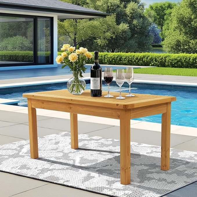 VINGLI Outdoor Wood Coffee Table, 35" Farmhouse Side Table for Patio, Solid Cedar Wood Accent Table with Slatted Tabletop, Weather-Resistant End Table for Garden, Poolside, Lawn, Living Room (Teak)