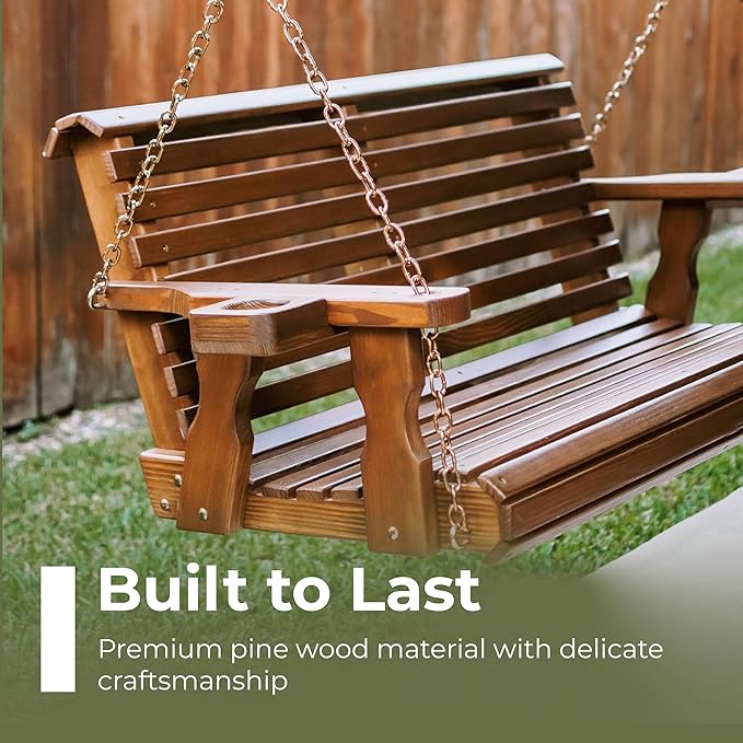 Amish Casual 4 Foot Roll Back Porch Swing with Cup Holders in Oak Stain - Amish Made in The USA from Treated Pine Heavy Duty 700 Lb. Weight Capacity