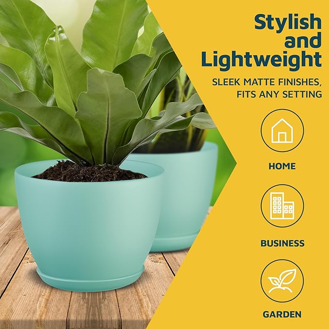Aqua Plant Pots with Drainage Holes & Saucers 15 Pack, Indoor & Outdoor Stackable Space-Saving Planters for Houseplants & Flowers, (7", 6.7", 6", 5.3", and 4.8" Inches), Durable & Weatherproof
