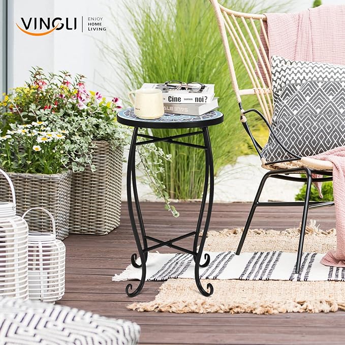 VINGLI Mosaic Accent Table, 14" Round Side Table,End Table, Plant Stand Decor for Patio Porch Beach Theme Balcony Back Deck Pool Indoor Outdoor Coffee, Metal Cobalt Glass Top Black Iron(Blue Ocean)