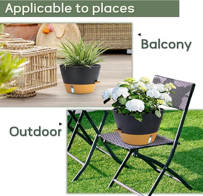 12-Inch Self Watering Planters with Drainage Holes, Large Flower Pots for Indoor Outdoor Plants, Garden Pots Grey