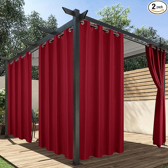 HolidayIdeas Red Outdoor Curtains for Patio Waterproof, 2 Panels - 54 x 120 Inch - Privacy Protection & Light Filtering Curtains Grommet Outside Curtains for Porch, Gazebo, Pergola, Backyard