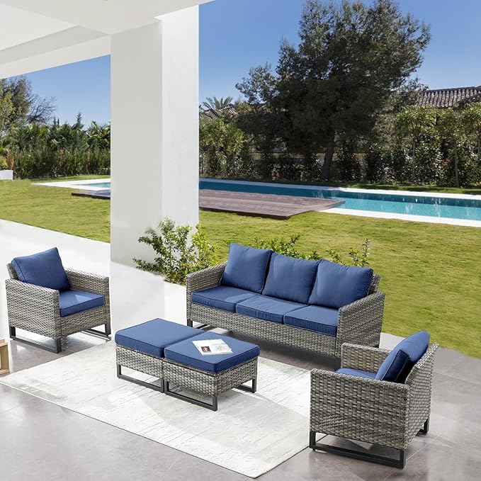 Belord Wicker Patio Furniture 5 Piece Outdoor Sofa Set, Oversize Outdoor Dining Chairs with Rattan Ottomans, Conversation Sets Patio Furniture Come with Removable Washable Cushion Blue