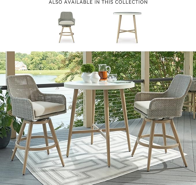 Signature Design by Ashley Seton Creek Casual Outdoor Bar Table with Umbrella Hole, Beige & White