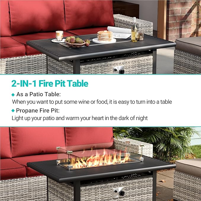 10-Piece Outdoor Patio Furniture Set with Rocking Swivel Chair, PE Wicker Rattan Sectional Sofa Patio Conversation Set with 55,000 BTU Fire Pit Table & Coffee Table, Red