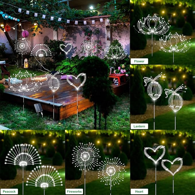 Solar Garden Lights Outdoor Waterproof, 4 Pack Total 480 LED Solar Firework Lights Decorative with 8 Lighting Modes Outside for Yard Pathway Flowerbed Decor, White