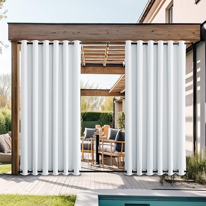 NICETOWN 2 Panels Patio Curtains Outdoor Waterproof W84 x L108, Rustproof Top & Bottom Grommet Room Darkening Weighted Windproof Outdoor Privacy Thermal Insulated Blinds for Pool, Greyish White