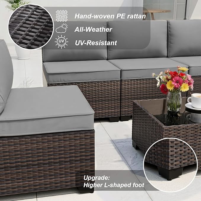 ALAULM Patio Furniture Set with Fire Pit Table 55000 BTU, Outdoor Sectional with Wide Seat and Thick Cushion, 8 Piece Wicker Rattan Conversation Set with Coffee Table for Garden, Deck, Grey