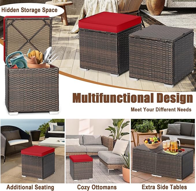 RELAX4LIFE Wicker Outdoor Storage Ottoman, 2-Piece Rattan Footstool w/Removable Cushion, Multipurpose Footrest Stool Side Table Additional Seating, Set of 2 Outdoor Ottomans for Patio Deck (Red)