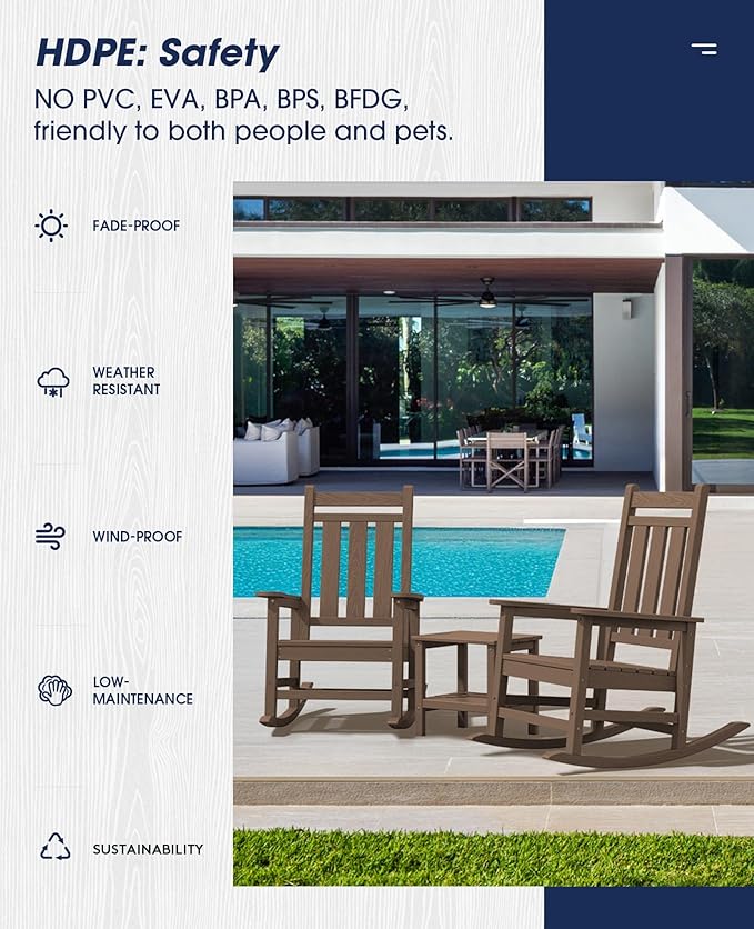 KINGYES Oversized Outdoor Rocking Chair Set of 2, All-Weather Patio Rocking Chairs for Porch, HDPE Outdoor Patio Rockers with High Back & Wide Seat for Garden, Lawn, Coffee