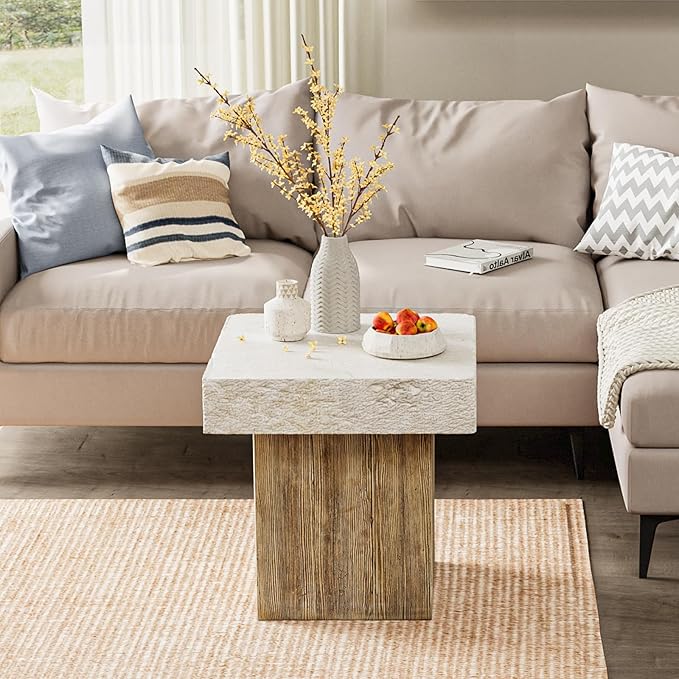 COSIEST Outdoor Medium Side Table, Patio Coffee Table, 19.7 inches Square MgO End Stool with Faux Wooden Pedestal Base,for Patio, Garden, Backyard, Antique Beige