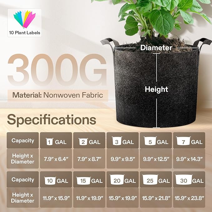VIVOSUN 5-Pack 2 Gallon Grow Bags Heavy Duty Thickened Nonwoven Fabric Pots with Handles
