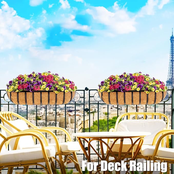 4pcs 24" Window Box Deck Railing Planter with Coco Liner, Metal Hanging Flower Planter Window Basket, Wall Planters Boxes with Horse Trough Coco Liner for Outdoor Indoor Balcony Porch Fence