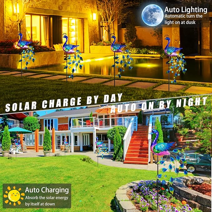 DREAMSOUL Peacock Solar Garden Lights Outdoor Decorative Stake, Waterproof Metal Peacock Garden Decor Solar Powered Landscape LED Path Lights Walkway Patio Decoration Lawn Ornament