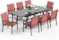 9 Piece Patio Dining Set for 8, Rectangular Extendable Dining Table, 8 Metal Red Chairs, Outdoor Table and Chairs Set for Lawn Backyard and Deck