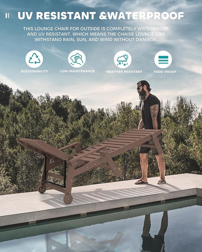 SERWALL Patio Chaise Lounge Chair Set of 2 with 9FT Patio Umbrella, 78'' HDPE Outdoor Lounger, Poly Lounge Chair with Rolling Wheels & Cup Holder for Pool,Coffee Brown (Umbreall Base not Included)