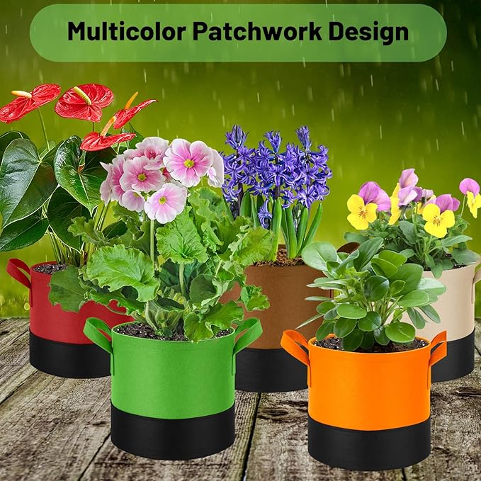 10 Gallon Fabric Grow Bags 5-Pack, 350G Heavy Duty Nonwoven Plant Pots with Handles, Breathable Root Pruning Containers for Vegetables Flowers Indoor Outdoor Gardening