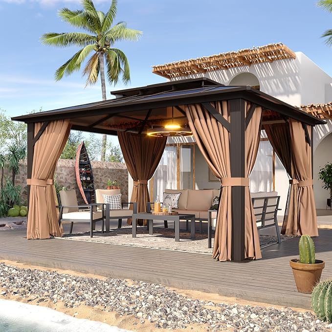Aoxun 12'x14' Hardtop Gazebo with Double Polycarbonate Roof, Aluminum Frame Permanent Pavilion Includes Netting & Curtains for Patio, Lawn & Garden (Khaki)