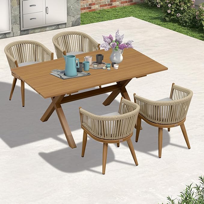 PURPLE LEAF 5 Pieces Outdoor Dining Set with Patio Aluminium Dining Table and Wicker Chairs Modern Furniture Cushions Sets for Backyard Indoor Decor Kitchen Teak