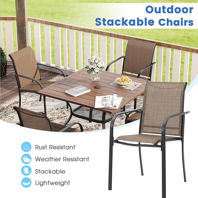 VICLLAX Patio Dining Set for 6, Outdoor Furniture Set Includes 59" Rectangle Patio Table and 6 Patio Sling Chairs, Outdoor Table and Chairs for Outsides, Black Tabletop and Brown Fabric