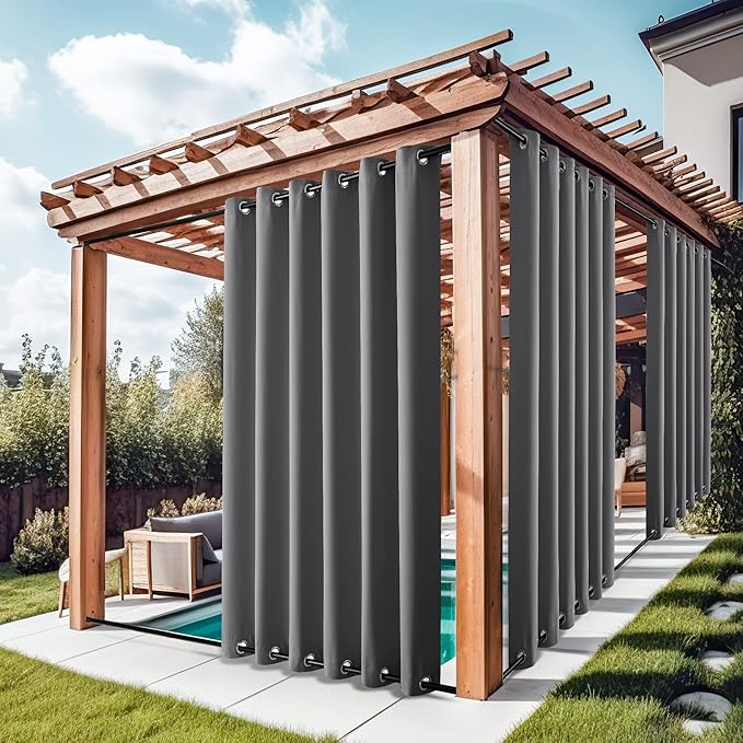 NICETOWN Grey Outdoor Curtains for Patio Waterproof 2 Panels, Windproof Rustproof Top & Bottom Grommet Thermal Insulated Blackout Privacy Outdoor Drapes for Gazebo/Pergola, W84 x L95
