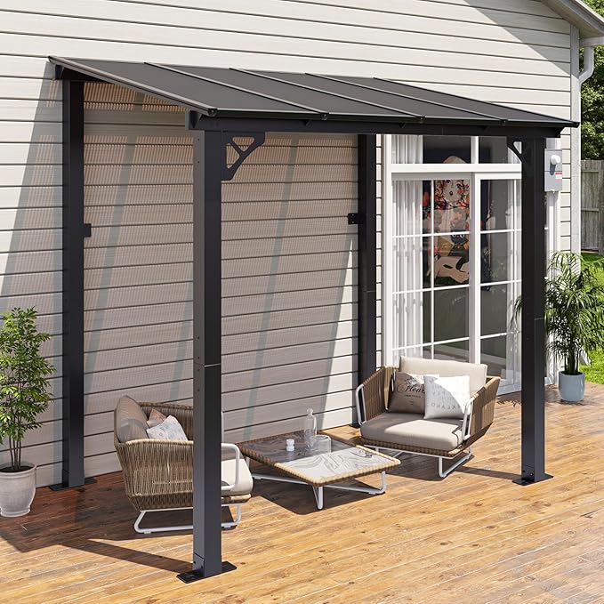 Aoxun 8’x 5’ Premium Gazebo with Aluminum Top Frame & Polycarbonate Panel, Wall Mounted Gazebos Pergola, Outdoor Patio Lean to Gazebo, Awnings with Sloped Roof, for Backyard, Porch, Deck