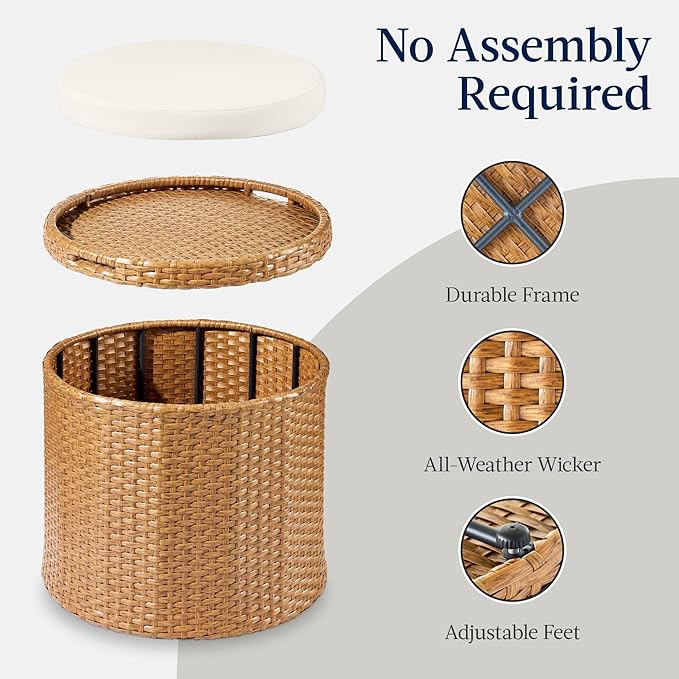 Best Choice Products Round Wicker Ottoman, Multipurpose Outdoor Furniture for Patio, Backyard, Additional Seating, Footrest, Side Table w/Storage, Removable Cushions – Natural/Ivory