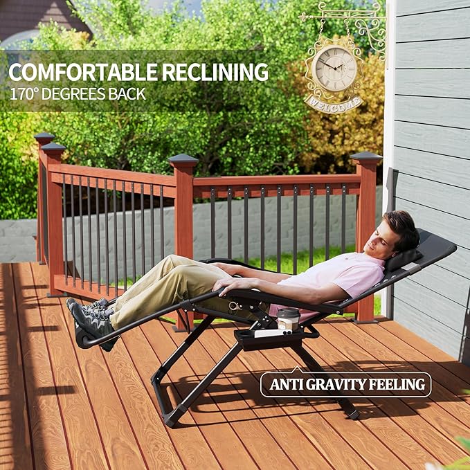 UDPATIO Oversized Zero Gravity Chair Set of 2, 33In XXL Patio Reclining Chair with Cushion, Outdoor Folding Recliner with Pillows|Cup Holder|Foot Rest|Padded Headrest, Navy Blue, Support 500LB