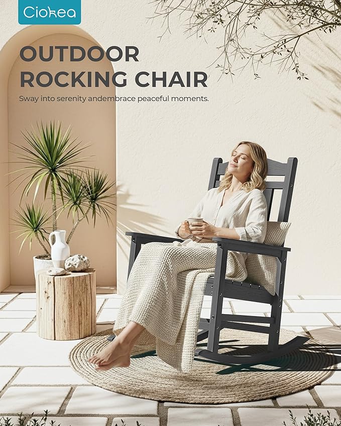 Ciokea Oversized Outdoor Rocking Chairs Set of 3, 380lbs Heavy-Duty Large Patio Rocker, High Back Cozy Porch Chairs, Weather Resistant Patio Rocking Chairs for Outside, Fire Pit, Deck, Dark Grey
