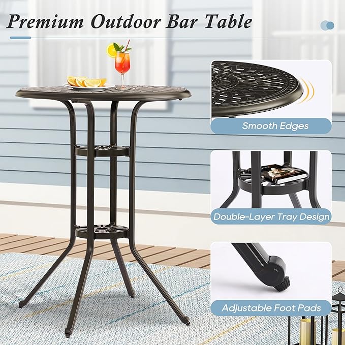 Patio Dining Table,Cast Aluminum Patio Tables with Umbrella Hole, Outdoor Bistro Table for Backyard, Garden, Patio (30" Round Table)