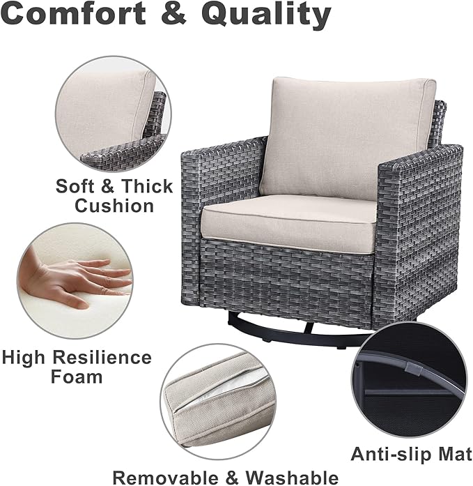 Belord 7 PCS Outdoor Furniture Set, Mixed Grey Wicker, Beige Cushion, Includes Swivel Rocker Chairs, Sofa, Ottomans, Water-Resistant