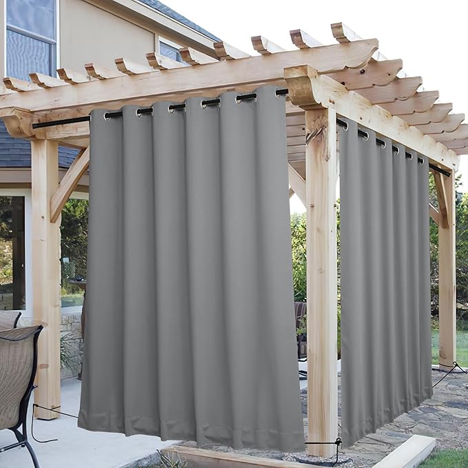NICETOWN 2 Panels Outdoor Curtains for Patio Waterproof & Windproof, Grommet & Back Tab on Top & Bottom Weighted Drapes Keep Sun/Rain Out with Bouns Rope for Deck, Light Grey, W84 x L95