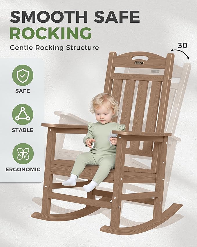 Oversized Rocking Chairs Outdoor Set of 2, High Back Porch Rocking Chair, HDPE All Weather Resistant Patio Chairs, 380lbs Weight Capacity, Teak
