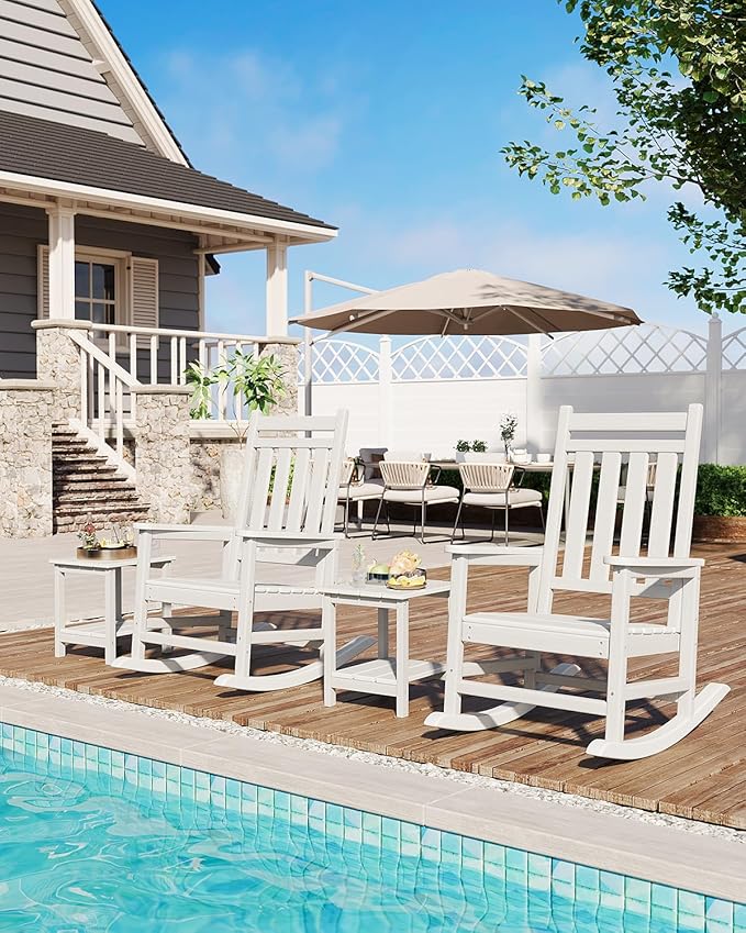 GarveeLife Poly Lumber Rocking Chair Outdoor Set of 4 - HDPE High Back Porch Rocker Chairs for Adults - All Weather Resistant Furniture for Patio - White