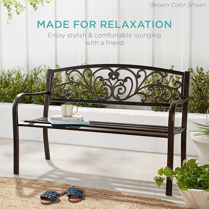 Best Choice Products Outdoor Bench Steel Garden Patio Porch Furniture for Lawn, Park, Deck w/Floral Design Backrest, Slatted Seat - Lime Green