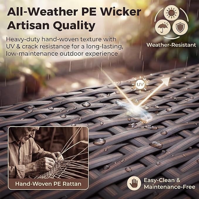 NICESOUL 10 Pieces Outdoor Patio Furniture Set with Fire Pit Table Natural Gas/Propane, 29.3'' High-Back Big Sectionals PE Wicker All Weather Conversations, Brown Rattan and Burgundy Cushion