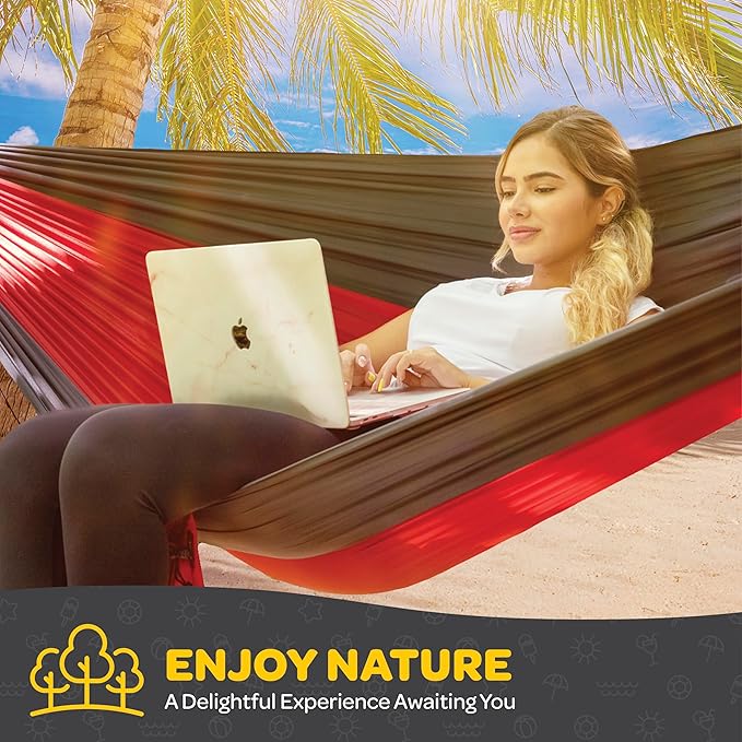 Durable Hammock 500 lb Capacity, Nylon Camping Hammock Chair - Double or Single Sizes w/Tree Straps and Attached Carry Bag - for Travel/Backpacking/Beach/Backyard (Large, Dark Blue & Forest Green)