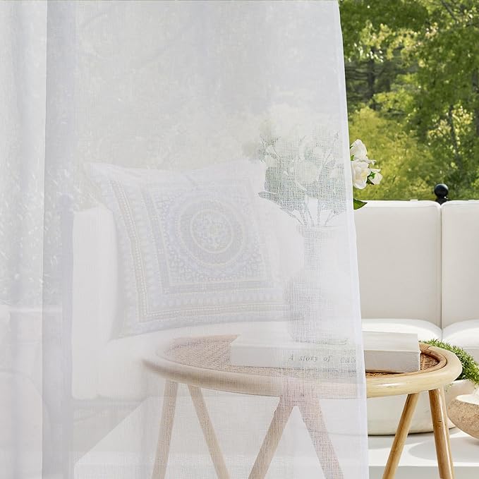 RYB HOME Sheer Outdoor Curtains - 2 Panels Waterproof Curtains White Sheer Privacy Linen Look Voile Drapes for Porch Pavilion Garden Lawn Corridor Sun Room Decor, 2 Tiebacks, W 54 x L 108 inch Long