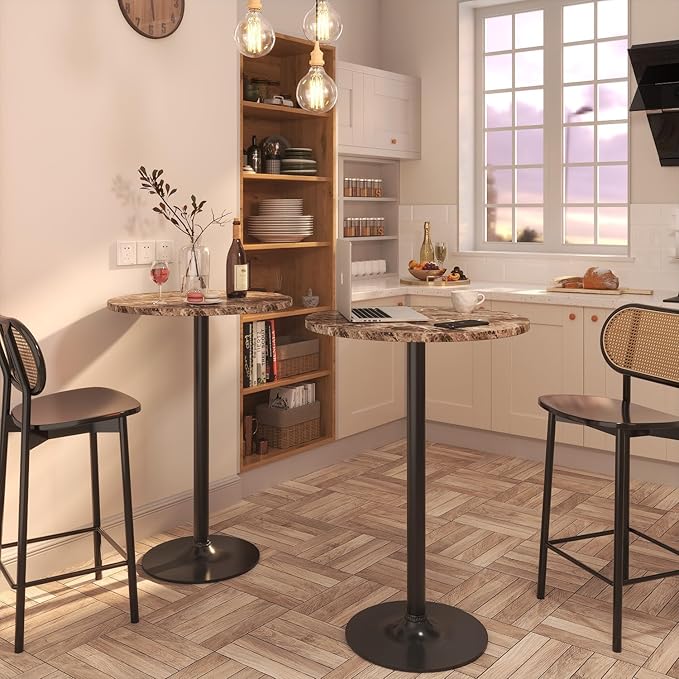 Furmax Bistro Pub Table Round Bar Height Cocktail Table for Home Bar, Round Bar Tables for Party, Dining Room, Living Room and Wedding, Metal Base MDF Top Obsidian, 40.6 Inch Height (2, Faux Marble)