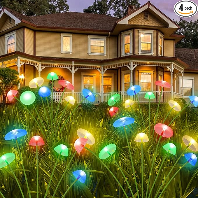 4PK 32LED Solar Garden Lights Outdoor, Mushroom Solar Lights Outdoor, IP65 Waterproof Firefly Light Outside Decor for Patio Pathway, Sway by Wind for Pathway Garden Mushroom Decorations, Multicolor